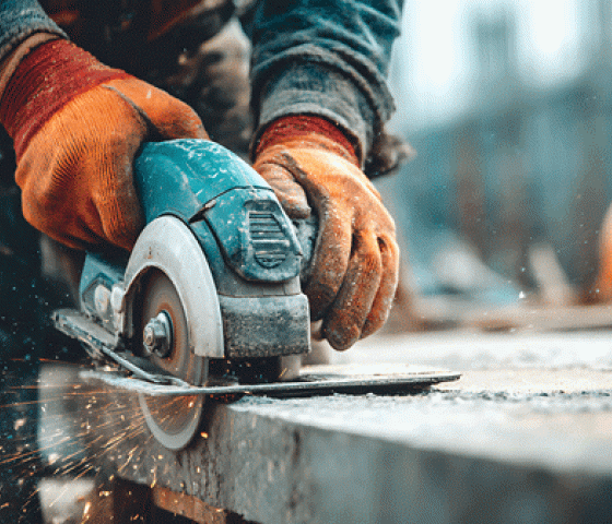 gloved hands holding a metal cutting power tool