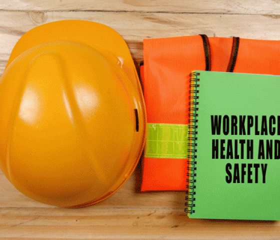 Builders orange safety hat, vest and green book that says workplace health and safety