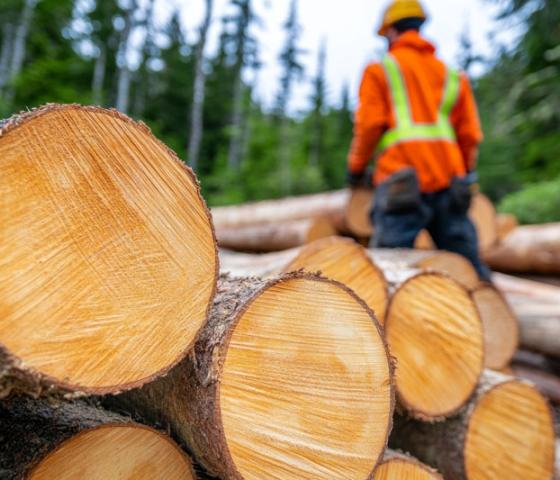 Freshly cut logs with worked in background wearing safety gear